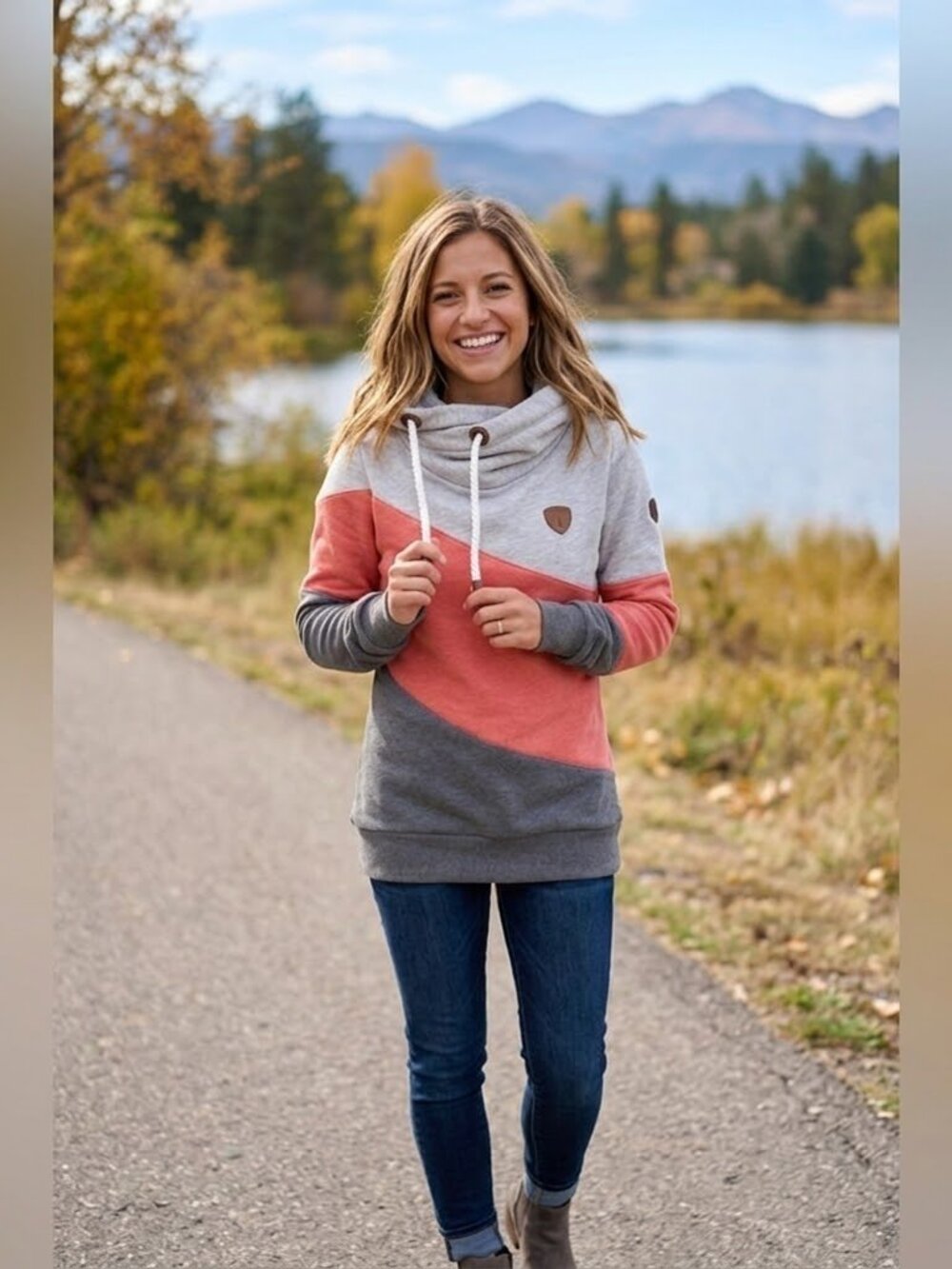 Wanakome Selene Cowl Neck Hoodie Grey Coral Small